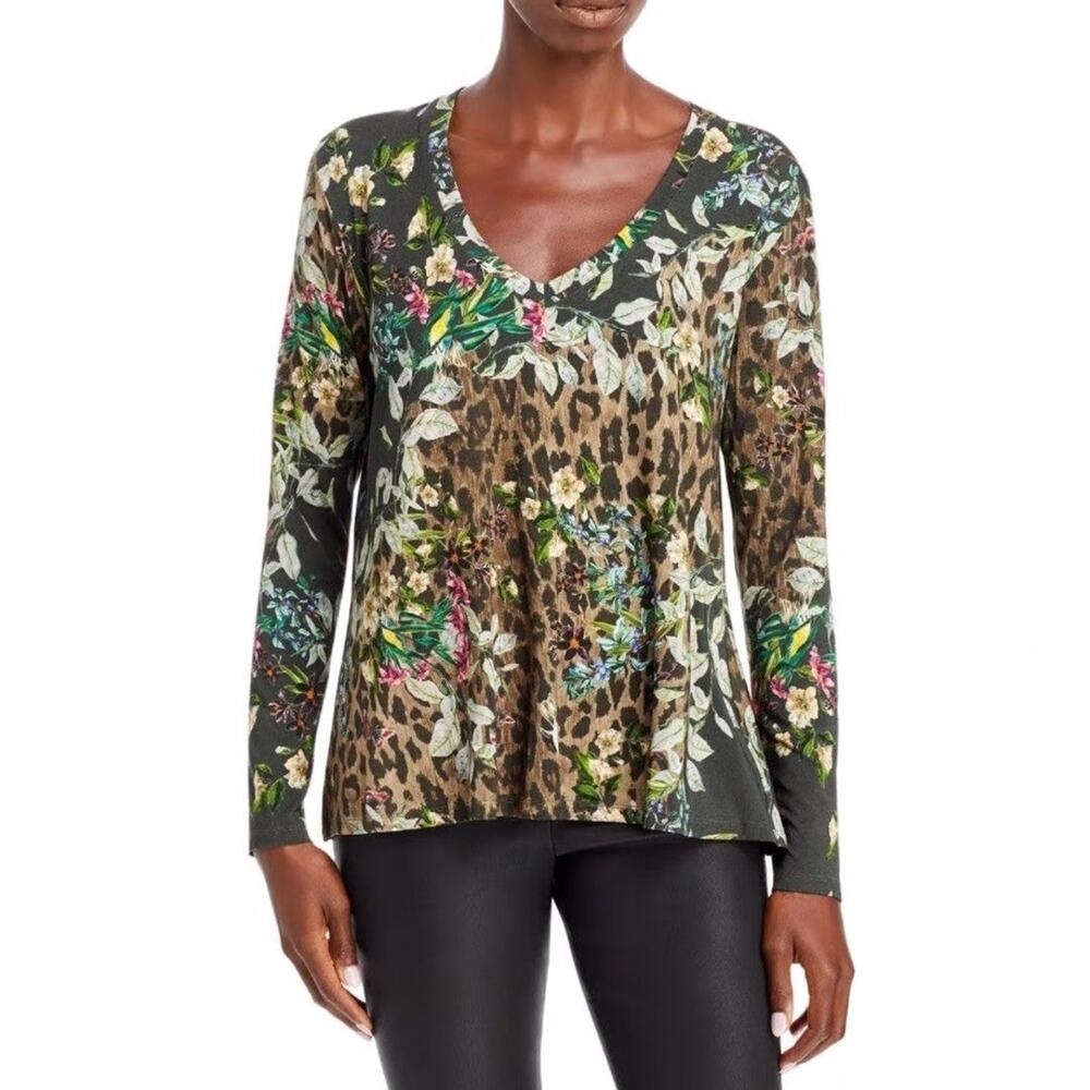 Johnny Was Favorite Ash Bird Leopard Floral V-Neck Swing Top Long Sleeve Size L